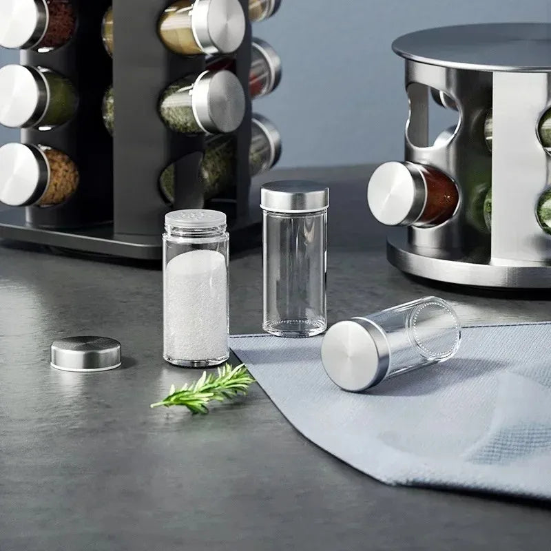 Porta Temperos Giratório em Aço Inox com Frascos de Vidro