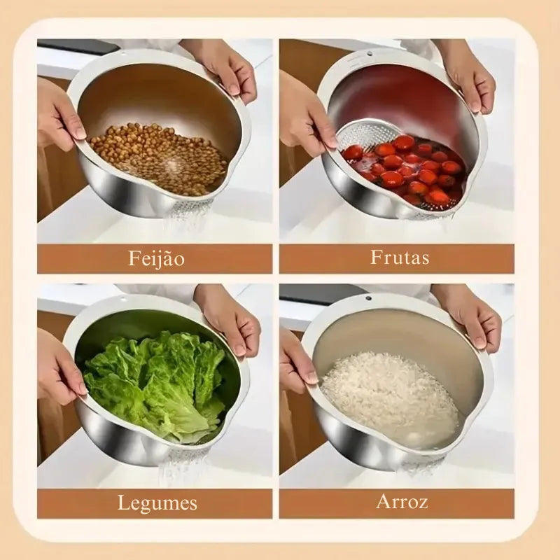 Tigela Inox com Escorredor para Arroz, Frutas e Legumes