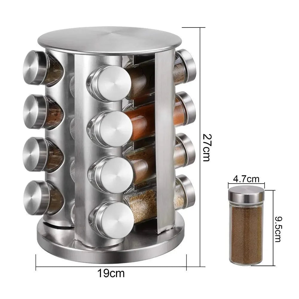 Porta Temperos Giratório em Aço Inox com Frascos de Vidro
