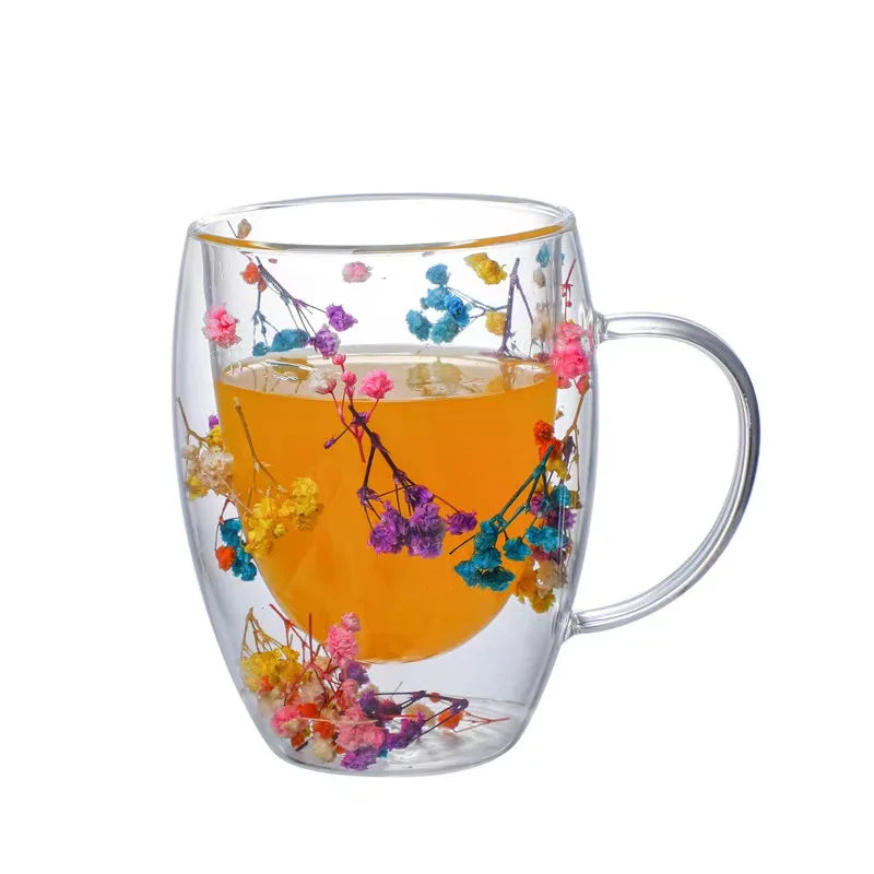 Caneca de Vidro Duplo com Flores