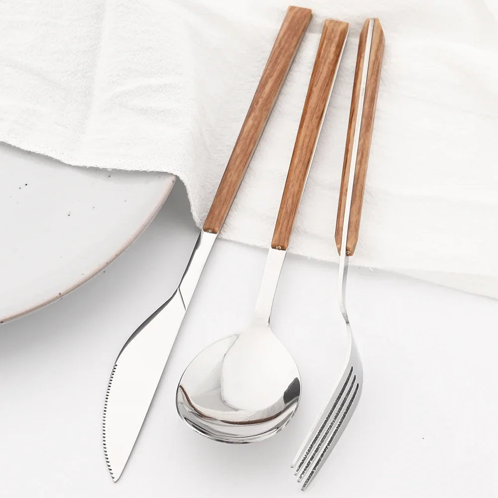 Conjunto de Talheres Inox com Cabo Plástico Madeira