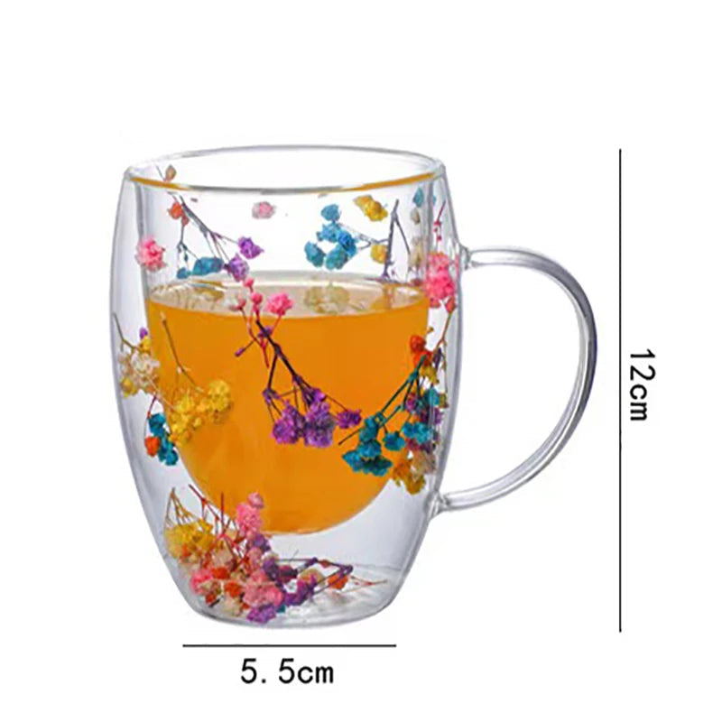 Caneca de Vidro Duplo com Flores
