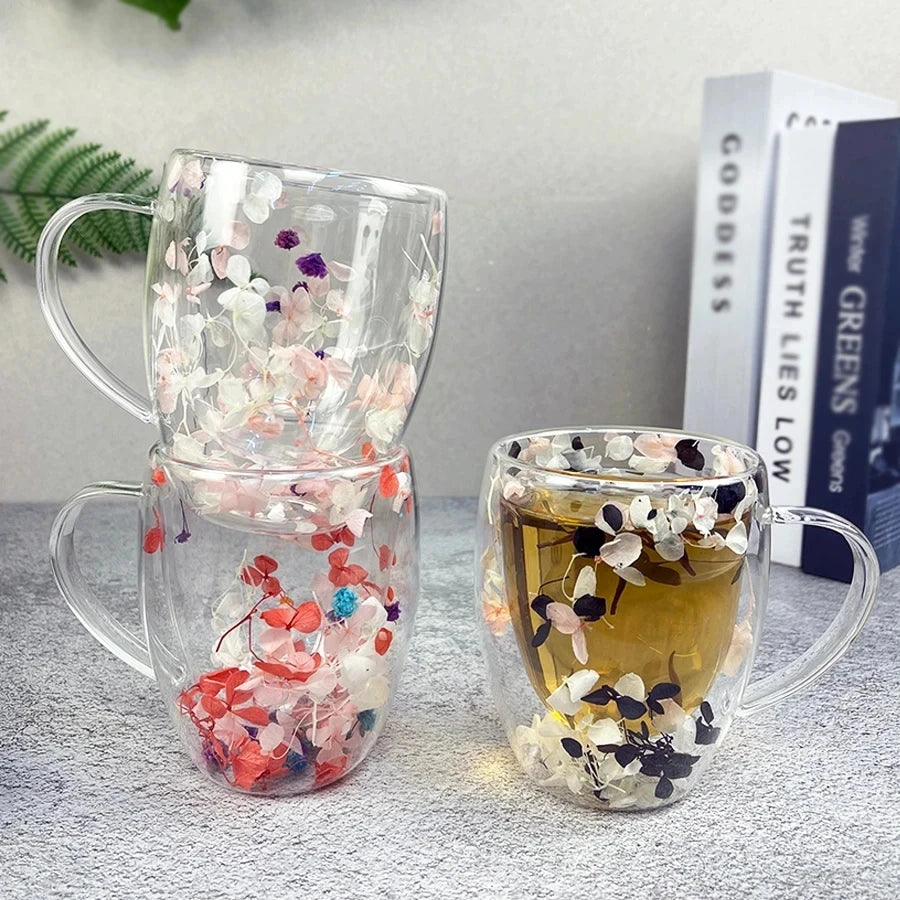Caneca de Vidro Duplo com Flores