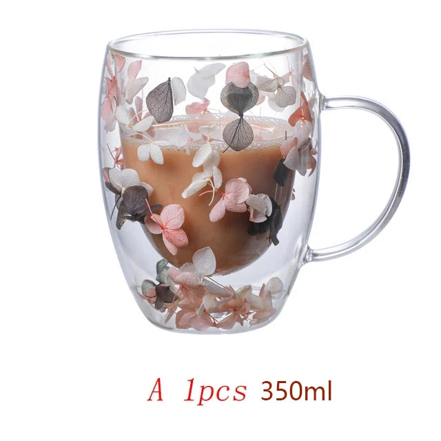 Caneca de Vidro Duplo com Flores
