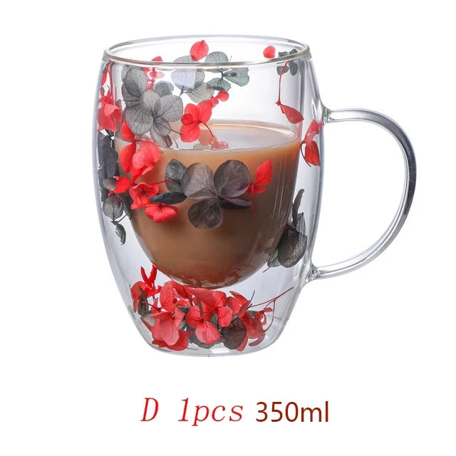 Caneca de Vidro Duplo com Flores