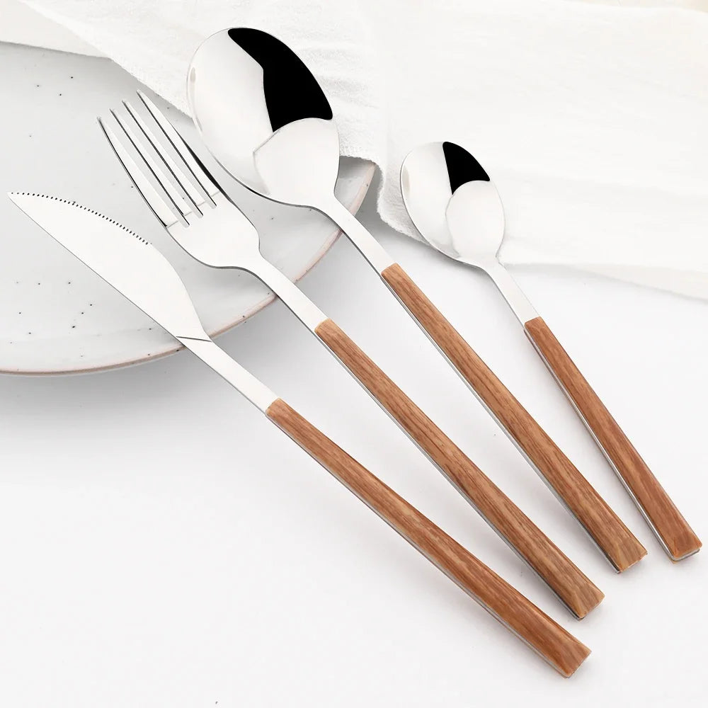 Conjunto de Talheres Inox com Cabo Plástico Madeira