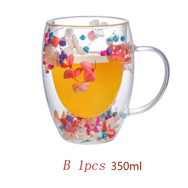 Caneca de Vidro Duplo com Flores