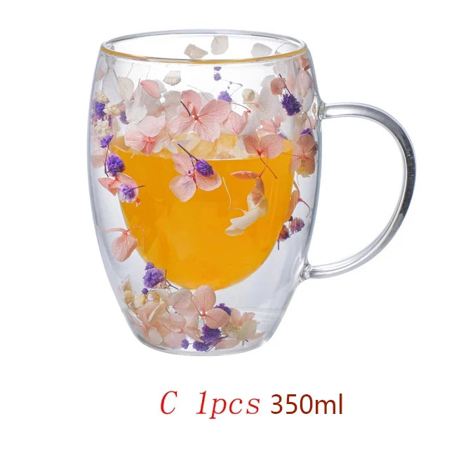 Caneca de Vidro Duplo com Flores