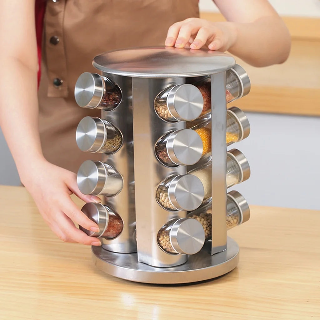 Porta Temperos Giratório em Aço Inox com Frascos de Vidro