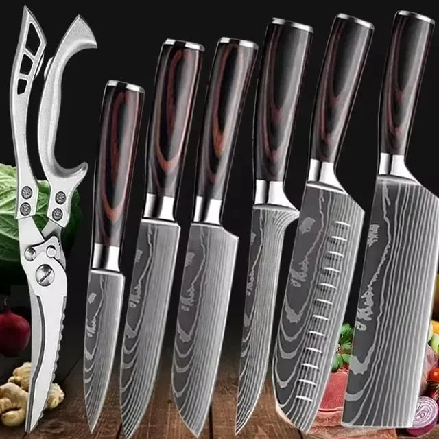 Conjunto de Facas Laser Damascus com Tesoura Multiuso