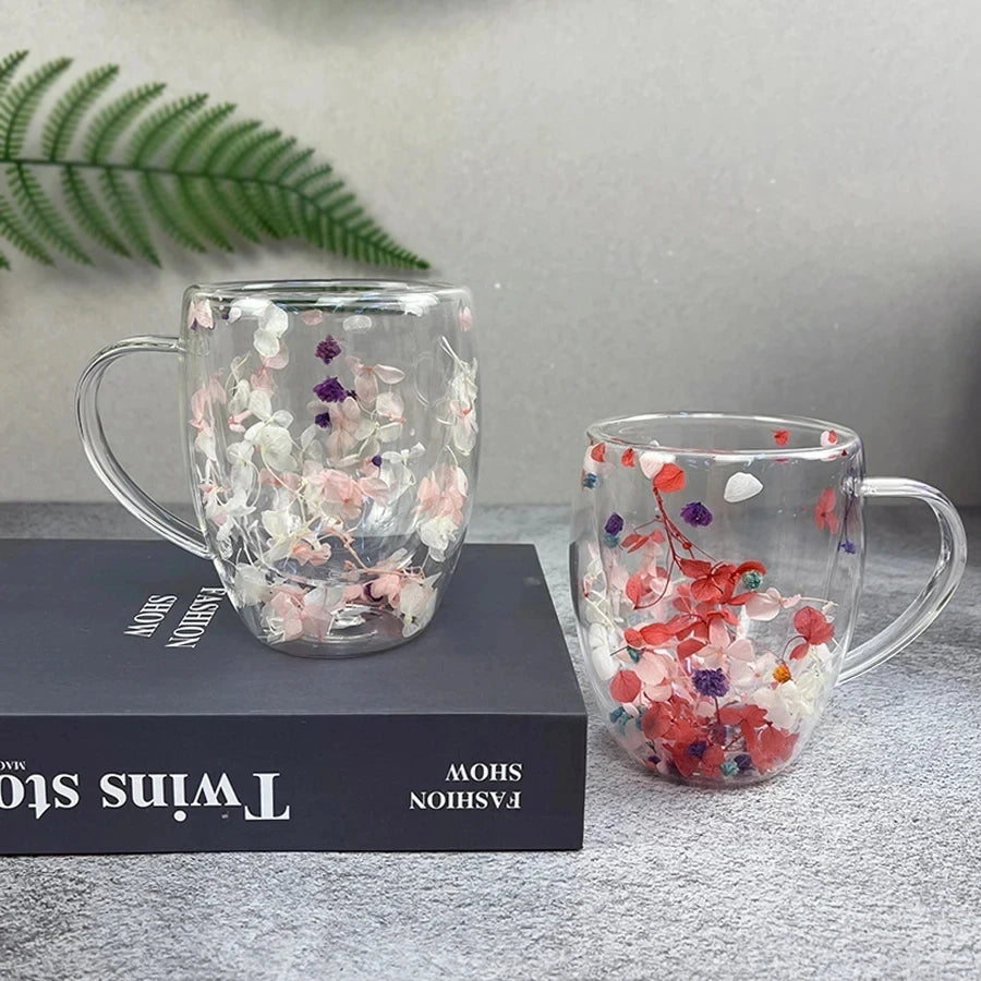 Caneca de Vidro Duplo com Flores