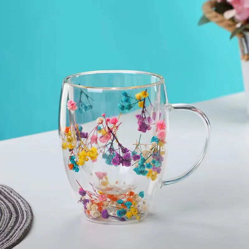 Caneca de Vidro Duplo com Flores